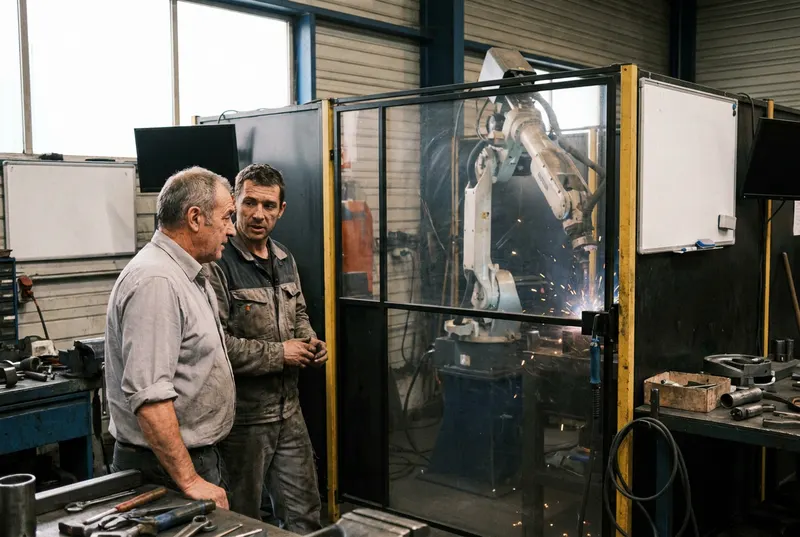 Dirigeant de PME et technicien devant une cellule de soudage robotisée dans un atelier